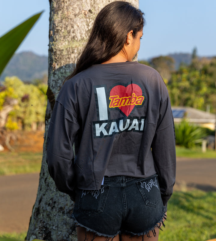 I Heart Kauai Womens Long Sleeve Crop Shirt - Dark Grey