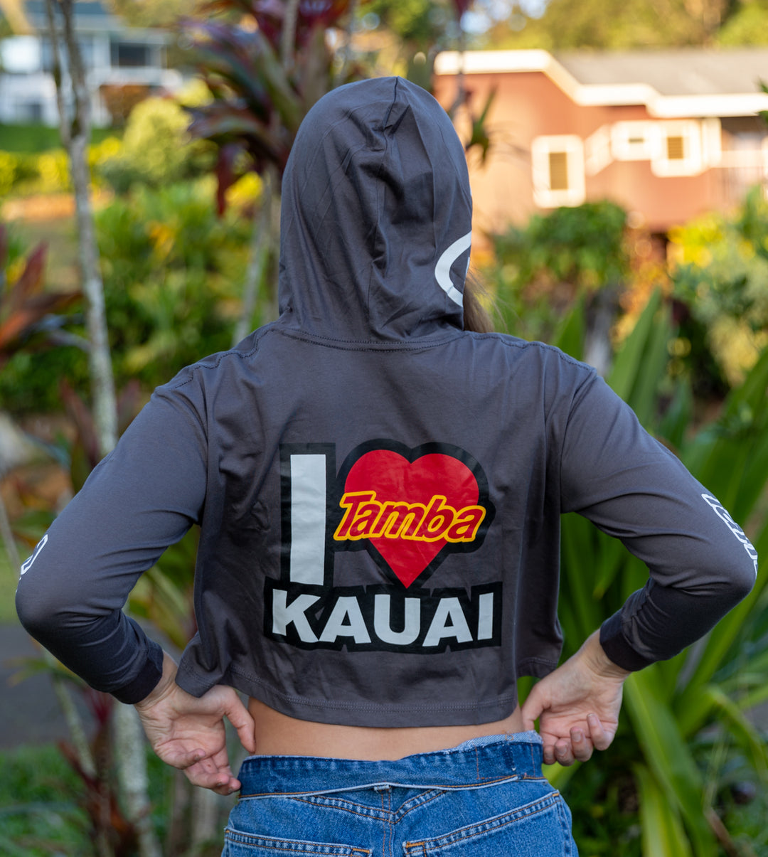 I Heart Kaua'i Womens Long Sleeve Crop Hooded Shirt - Dark Grey