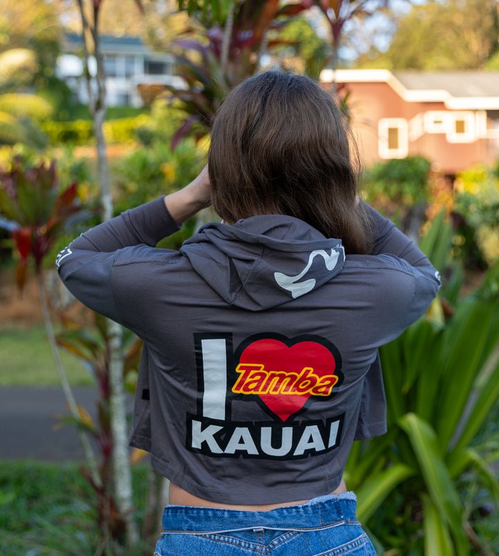 I Heart Kaua'i Womens Long Sleeve Crop Hooded Shirt - Dark Grey