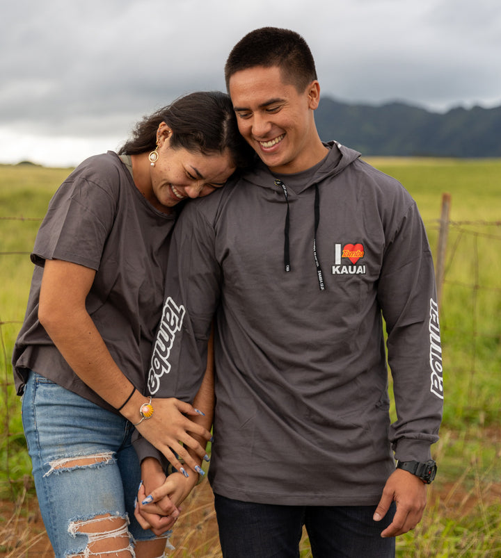 I Heart Kauai Long Sleeve Hooded Shirt - Dark Grey