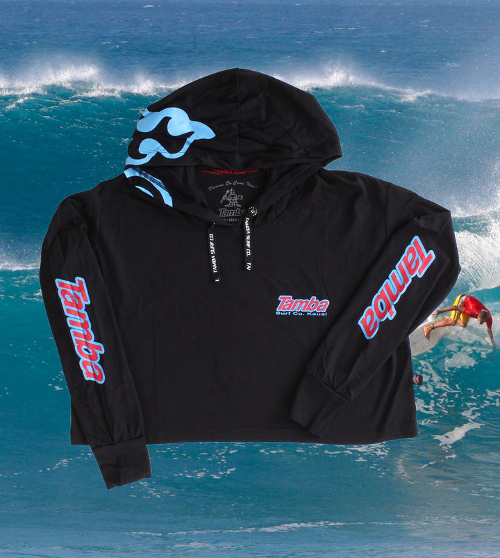 Surf Co Kauai Womens Long Sleeve Crop Hooded Shirt - Black/Blue/Red