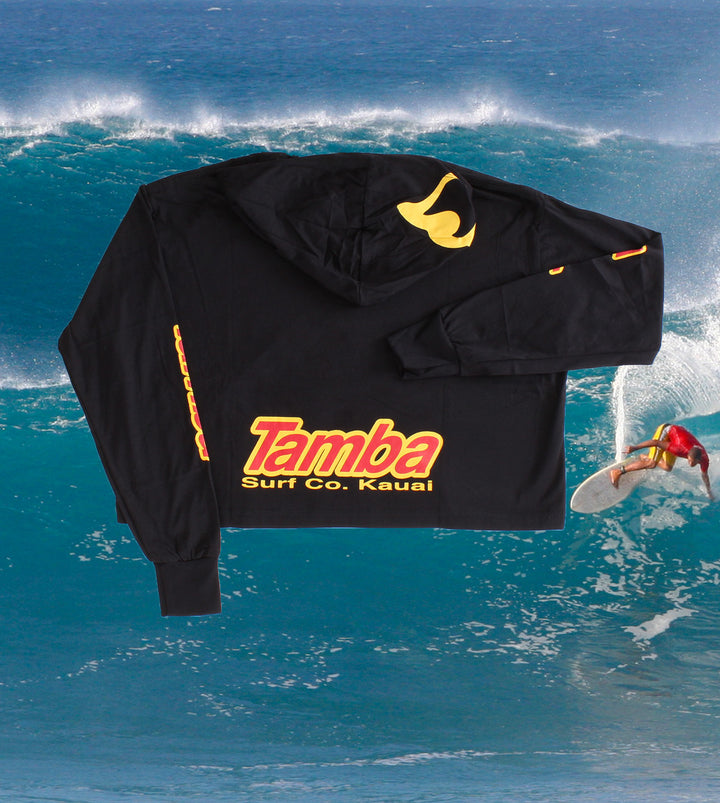 Surf Co Kauai Womens Long Sleeve Crop Hooded Shirt - Black/Yellow/Red