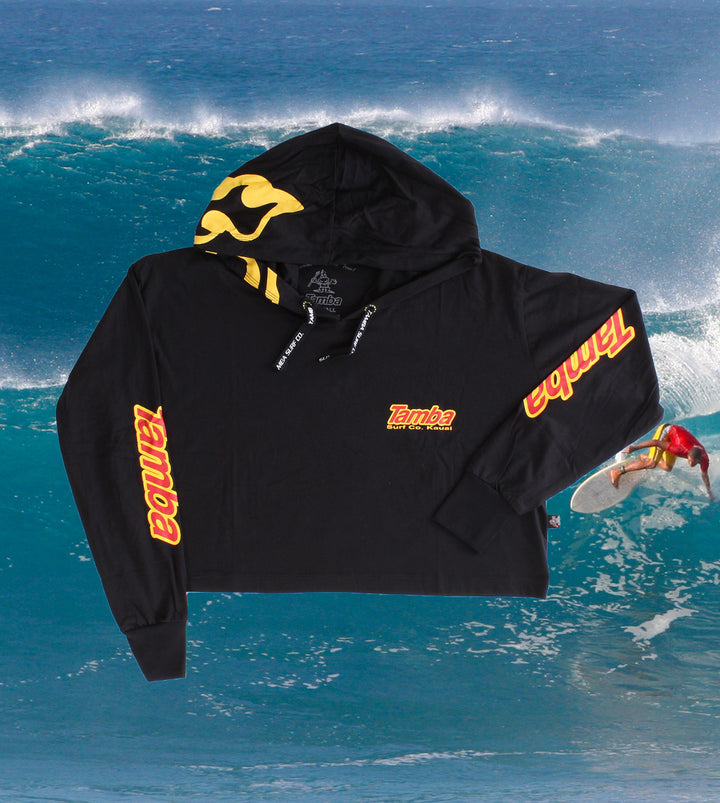 Surf Co Kauai Womens Long Sleeve Crop Hooded Shirt - Black/Yellow/Red