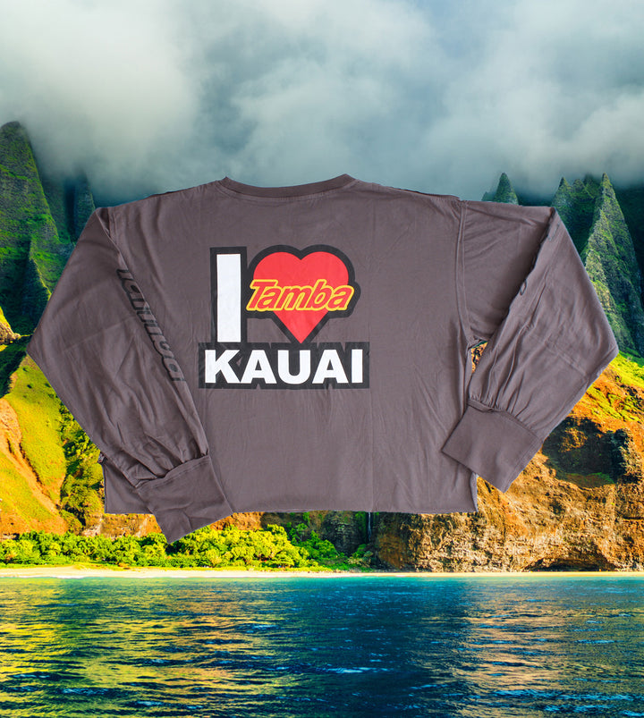 I Heart Kauai Womens Long Sleeve Crop Shirt - Dark Grey